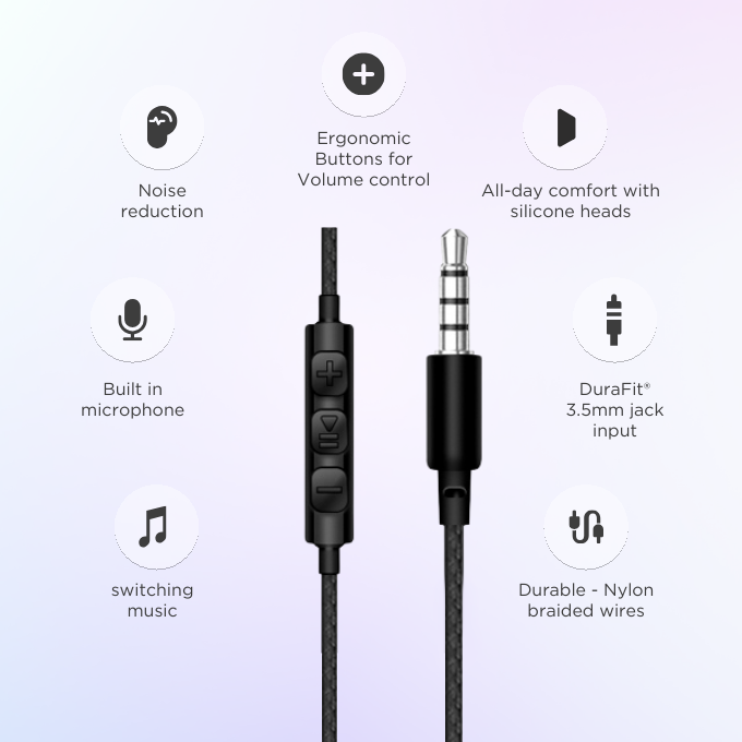 BLACK BassDot Nylon Wired In-ear with mic, call, music, vol control, 1Yr Warranty BLACK BassDot Nylon Wired In-ear with mic, call, music, vol control, 1Yr Warranty